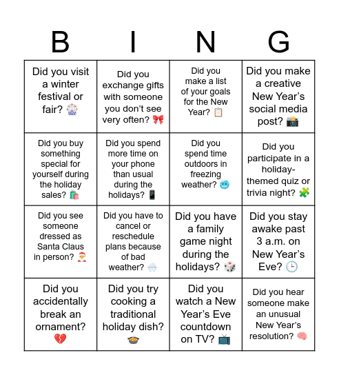 After winter break Bingo Card