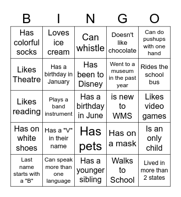 Middle School BINGO: Find someone who... Bingo Card