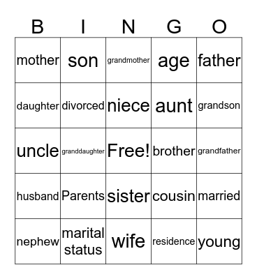 Unit 1 Family Bingo Card