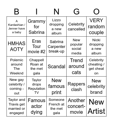 Pop Culture Bingo Card
