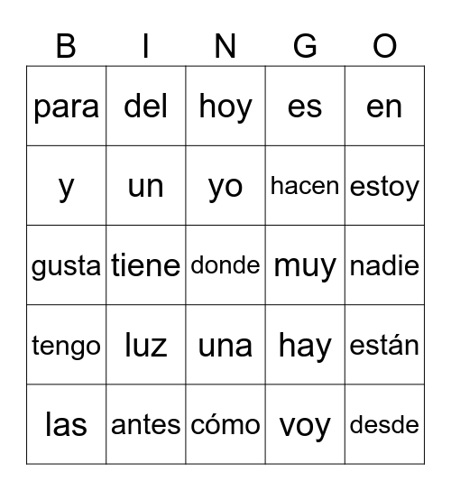 Palabras de uso frecuente Bingo Card