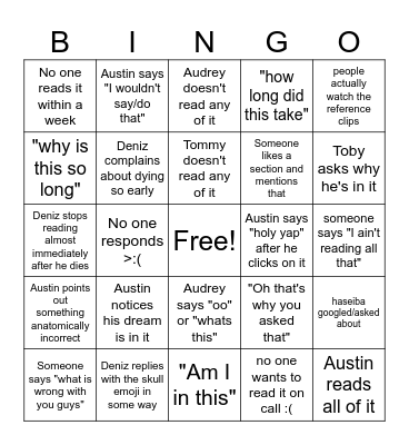 Lethal Fic Bingo Card