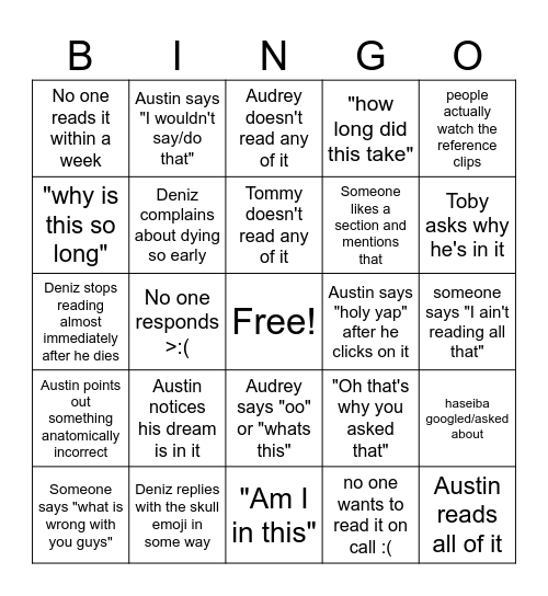 Lethal Fic Bingo Card