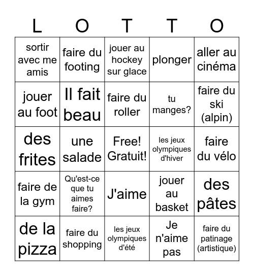 T'es branché level 1 lesson A qu'est-ce que tu aimes faire? Bingo Card