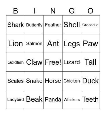 Animals and Their Body Parts Bingo Card