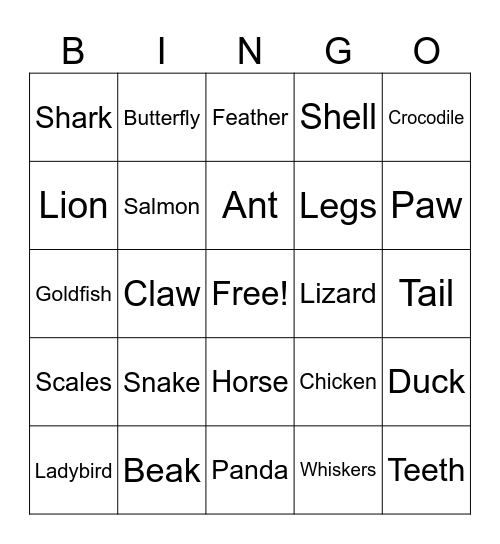 Animals and Their Body Parts Bingo Card