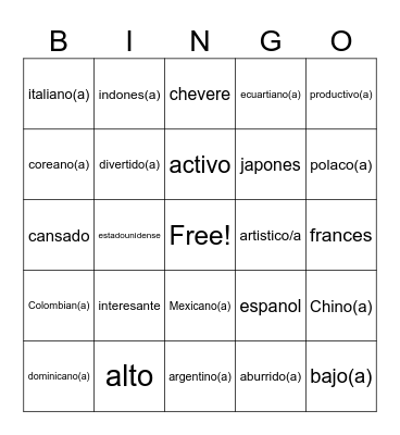 personal identity (nationalities and adjectives) Bingo Card