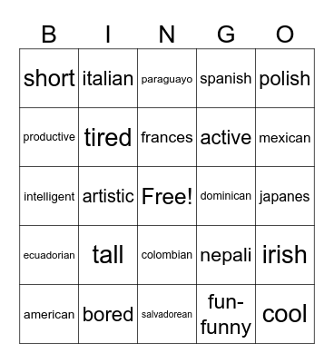 personal identity adjetivos y nacionalidies Bingo Card