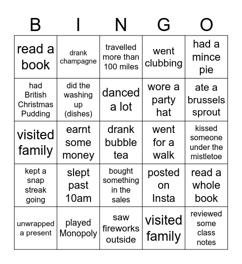 Christmas Holiday Bingo Card