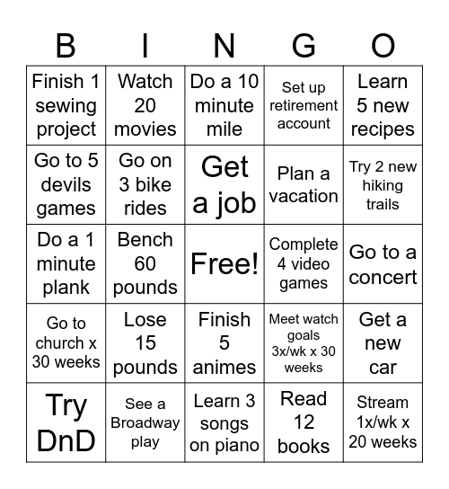 Goals for 2025 Bingo Card