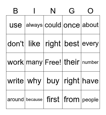 sight word bingo Card