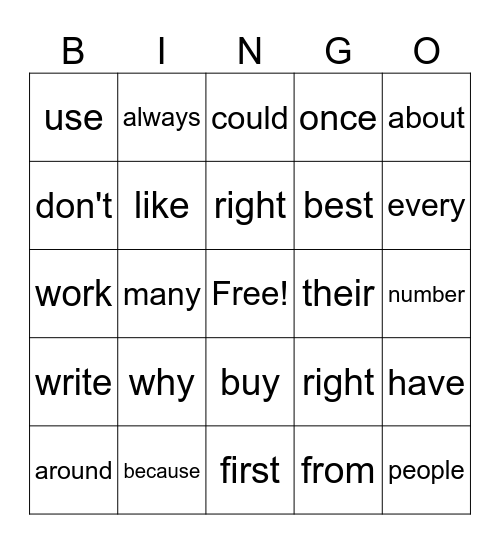 sight word bingo Card