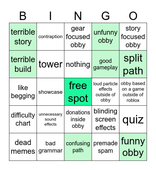 obby creator bingo Card