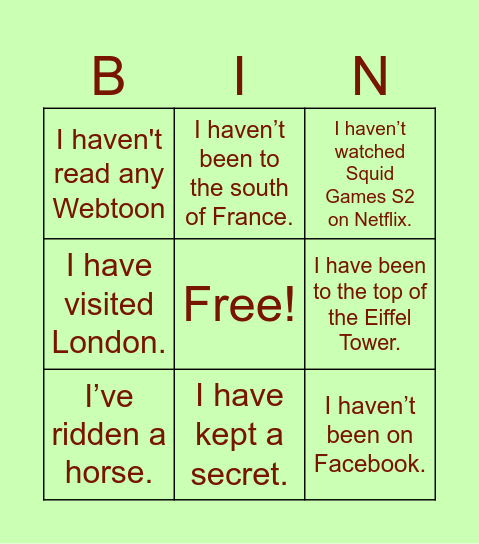 Present Perfect Bingo Card