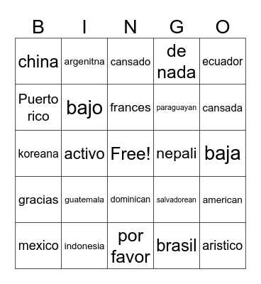 personal identity adjectives y nacionanalidades Bingo Card