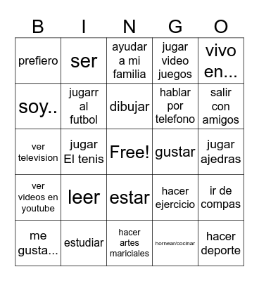 Personal identity (Activities and verbs) Bingo Card