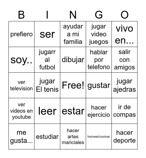 Personal identity (Activities and verbs) Bingo Card