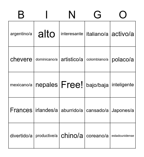Adjectives y Nacionalidades Bingo Card