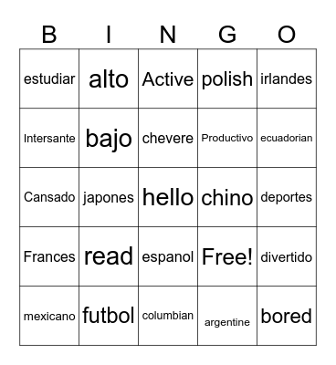 ADJECTIVES & NATIONALITIES Bingo Card