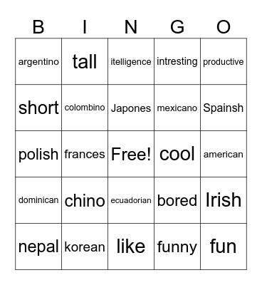 Adjectivos y Naciona Bingo Card
