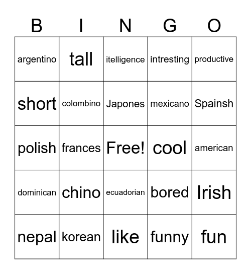 Adjectivos y Naciona Bingo Card