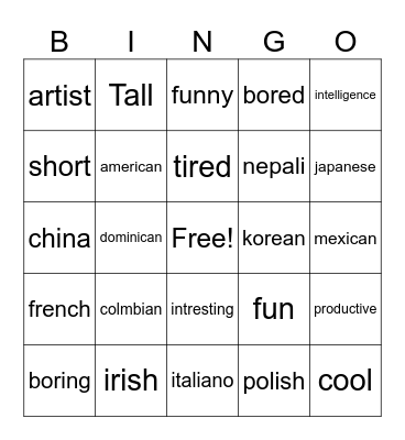 Adjectivos y Nac Bingo Card