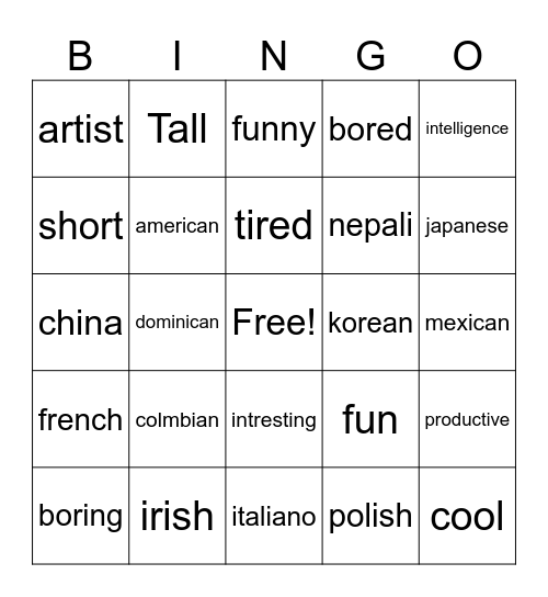 Adjectivos y Nac Bingo Card