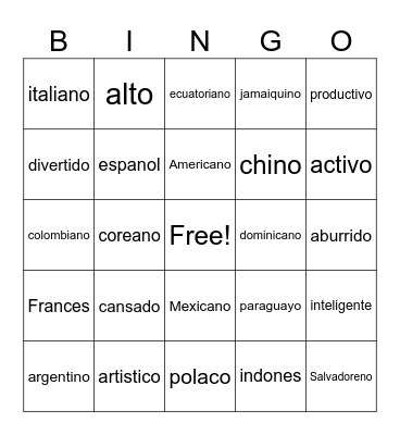 Adjectivos y Nacionalidades Bingo Card
