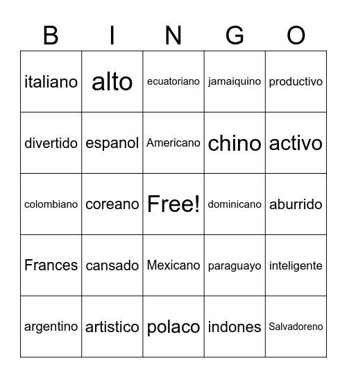 Adjectivos y Nacionalidades Bingo Card