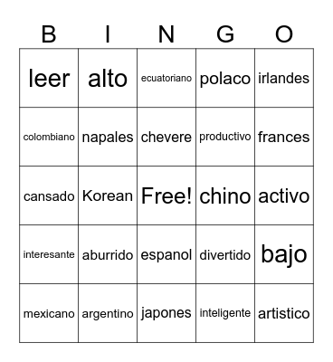 Adjectivos & Nacionalidades Bingo Card