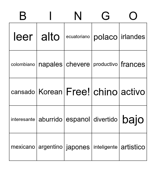 Adjectivos & Nacionalidades Bingo Card