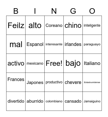adjetivo Bingo Card
