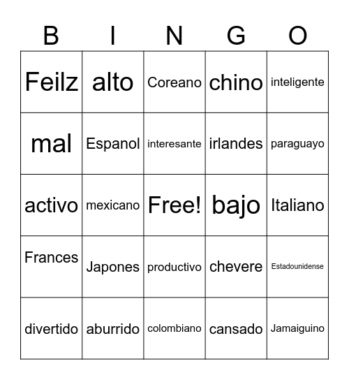 adjetivo Bingo Card