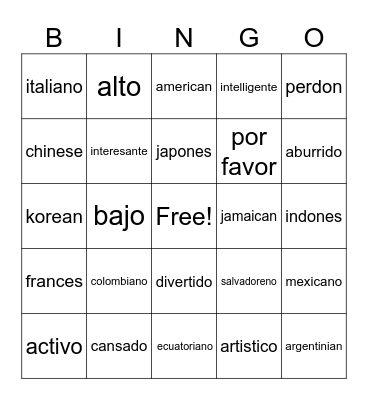 Adjetivos y Nacionalidades Bingo Card