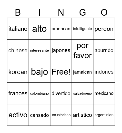 Adjetivos y Nacionalidades Bingo Card