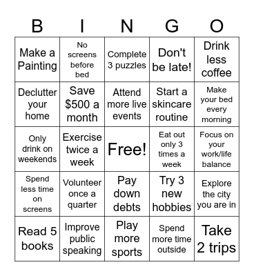 Resolutions Bingo Card
