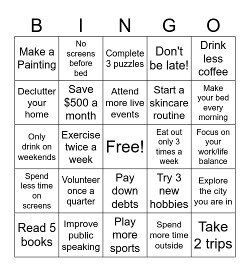 Resolutions Bingo Card