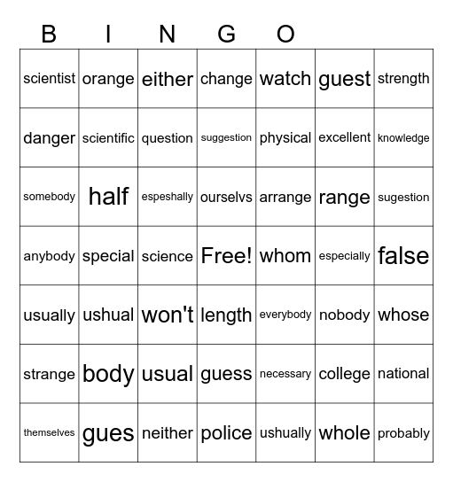 Step 7 HFW-Watch Out, some words are spelled incorrectly! Bingo Card