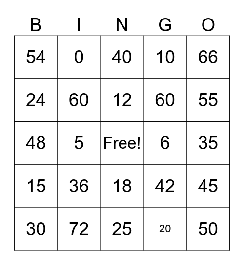 Multiplication Bingo - 5 and 6 Tables Bingo Card
