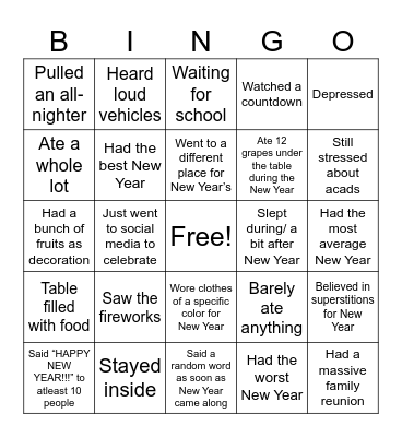 New Year Bingo Card