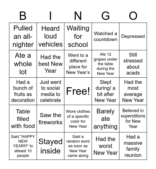 New Year Bingo Card