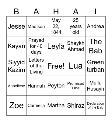 The Declaration of The Bab Bingo Card