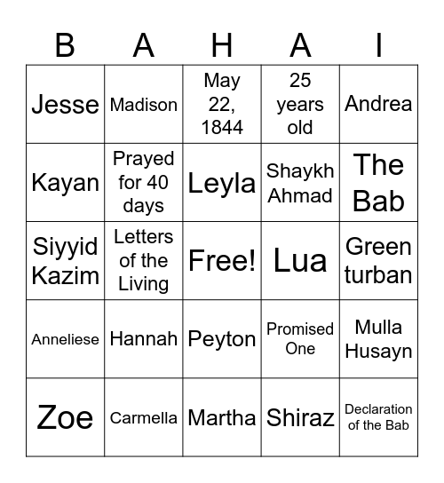 The Declaration of The Bab Bingo Card
