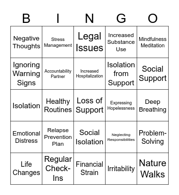 Relapse Prevention / Recovery Bingo Card