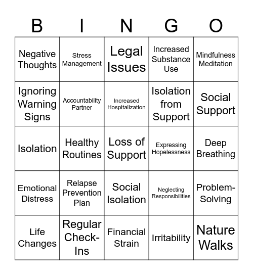 Relapse Prevention / Recovery Bingo Card