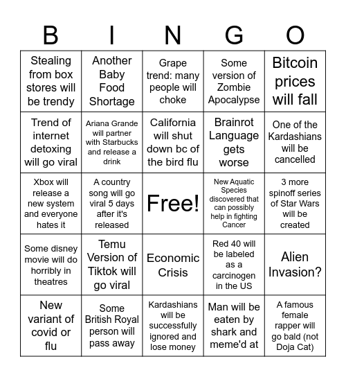 2025 Bingo Card Bingo Card