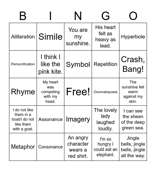 Poetic Devices Bingo Card