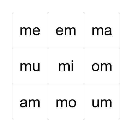 Silben Bingo Card