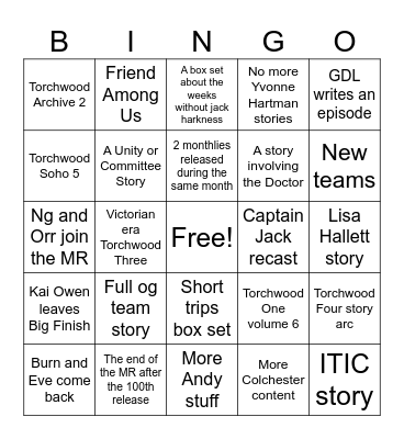 Torchwood (Big Finish): 2025-2026 Bingo Card