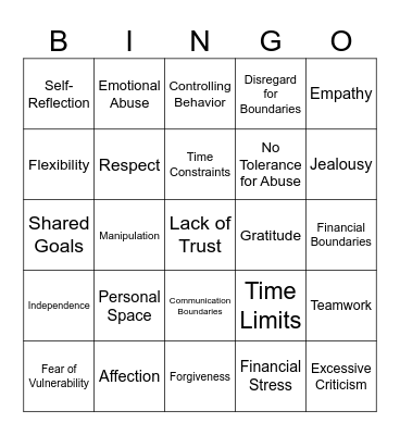 Healthy Relationships Bingo Card